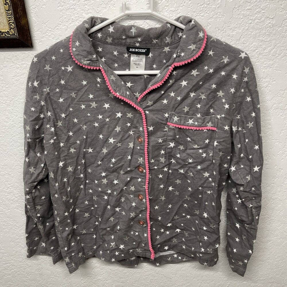 Joe Boxer Women's M Gray With Stars Fleece Pajama Long Sleeve Button Up Shirt
